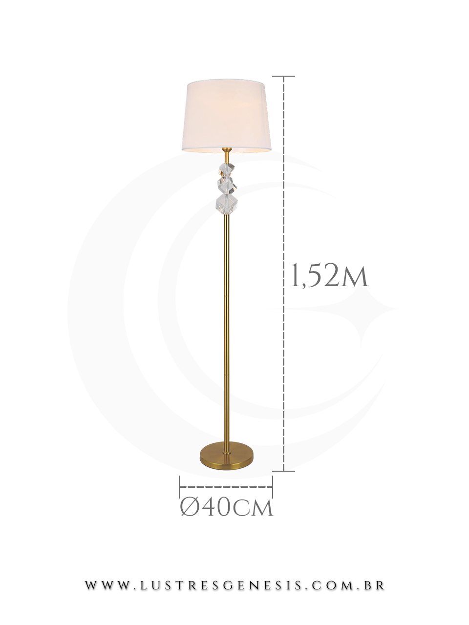 Abajur de chão coluna de metal bronze com detalhes em cristal e cúpula branca, modelo Vest, ideal para sala de estar e quartos